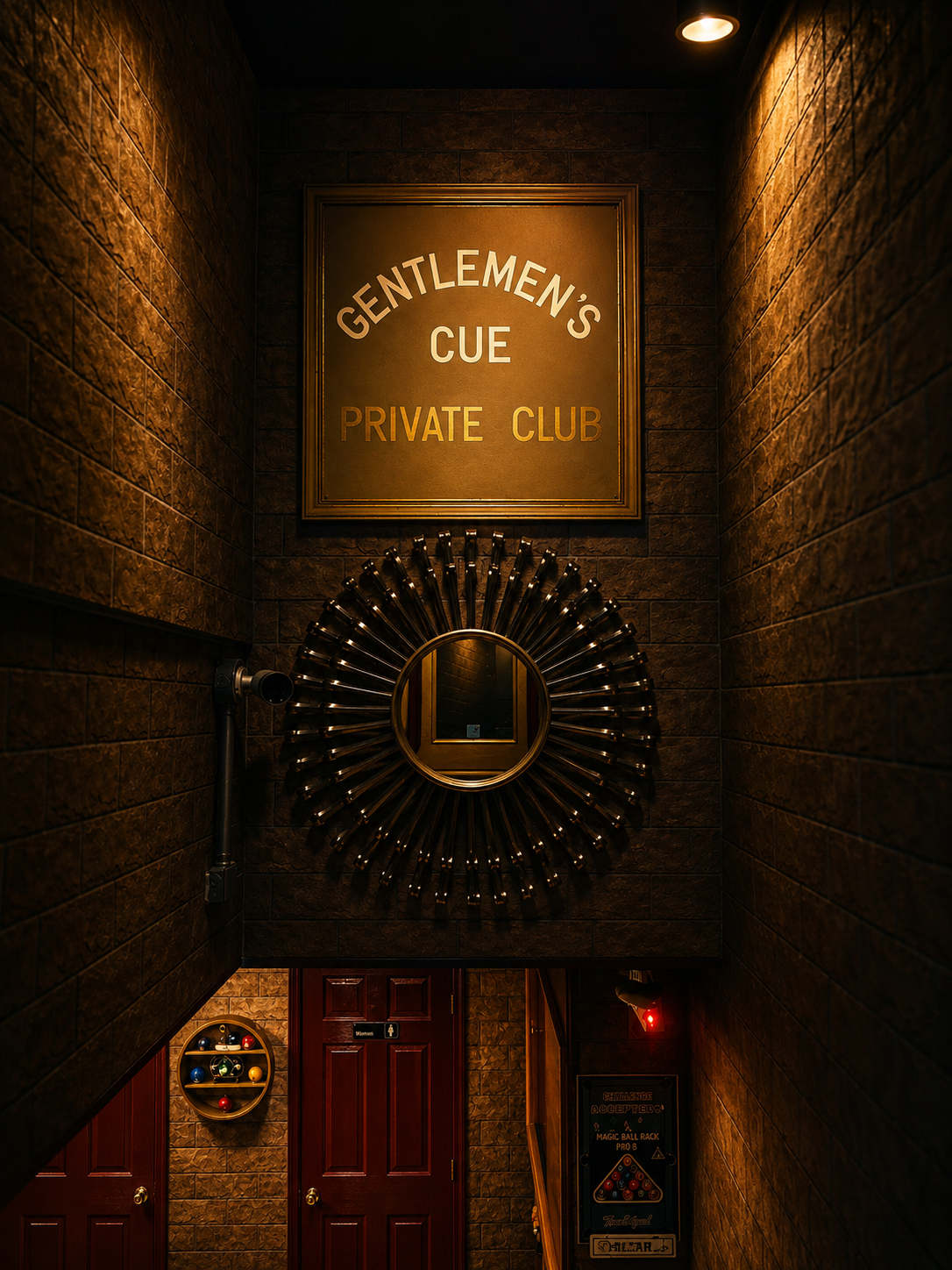 Illuminated 'Gentlemen's Cue Private Club' brass sign above a cue-stick sunburst mirror in the club entryway