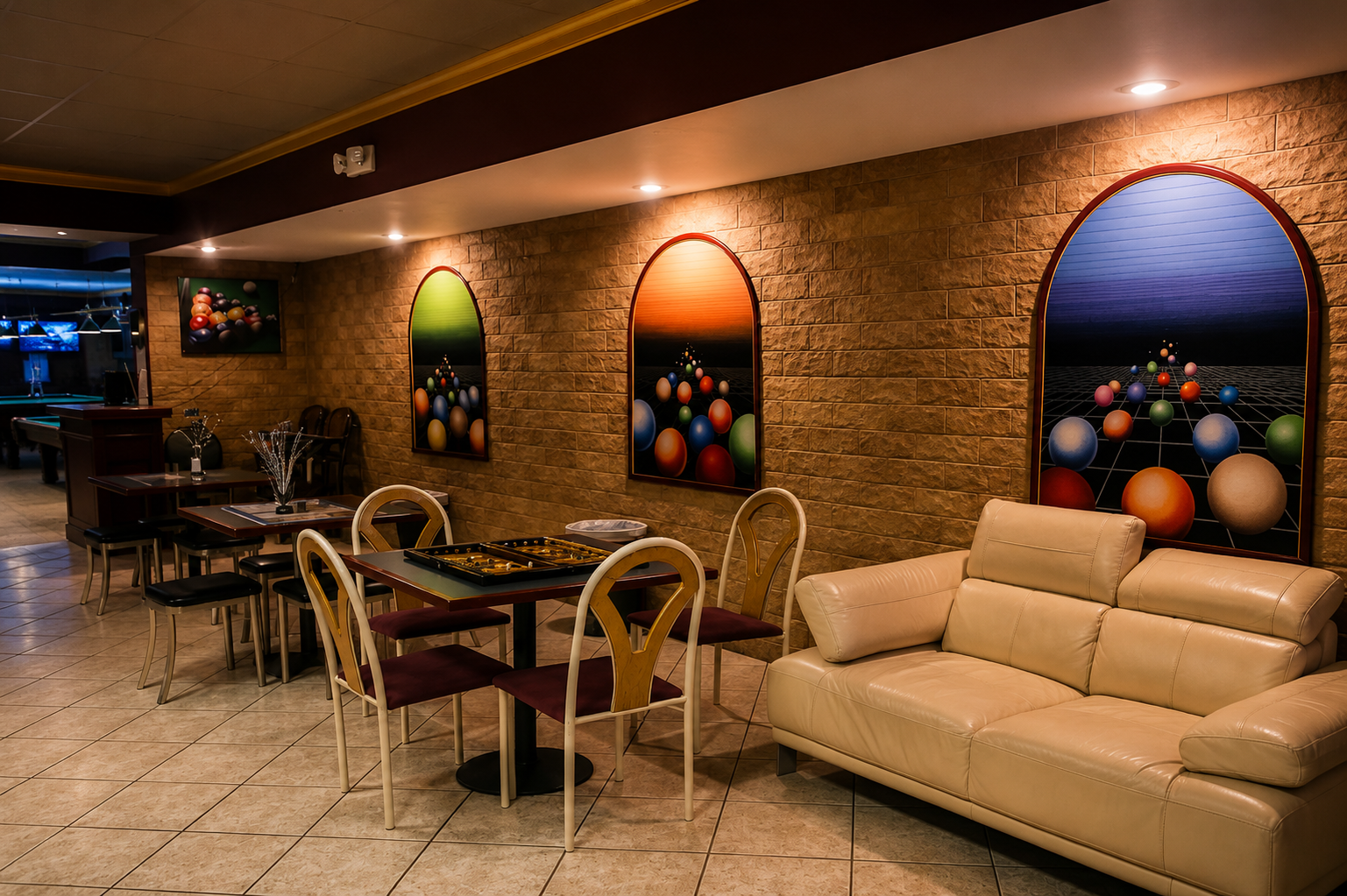 Seating area with lounge furniture and wall art
